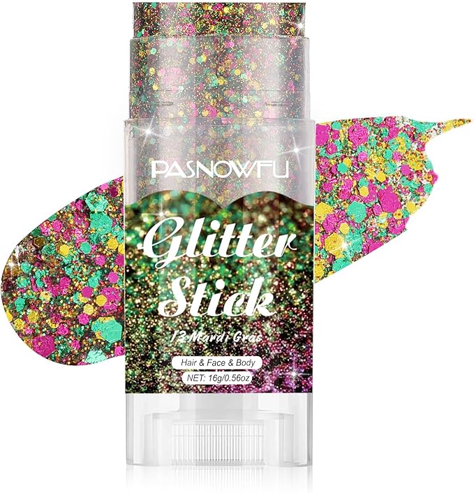 Mardi Gras Body Glitter Stick, Gel Formula Face and Hair Glitter for Women and Girls, Multi-Use Festival Concert Party Makeup, Glitter for Stage Performance Cosplay Costume Events