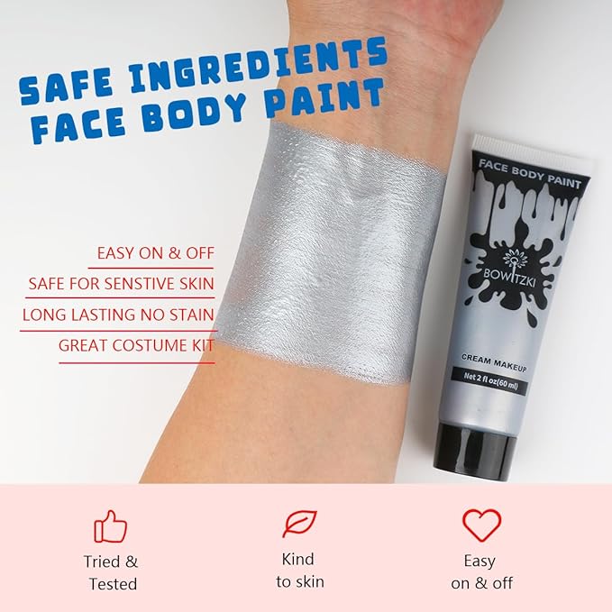 Bowitzki Face and Body Paint 2oz Cream Makeup 60ml Water Based Face Painting Special Effects For Adults Halloween Christmas Party Stage Cosplay (Silver)