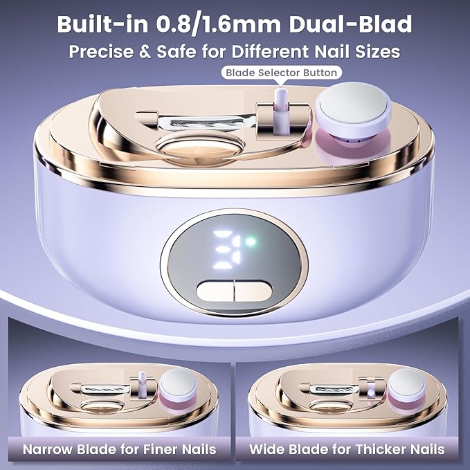 Electric Nail Clipper, 2 in1 Smart Toenail Clippers with Polishing for Fingers and Toes, Rechargeable Fingernail Trimmer with 3 Adjustable Speeds for Senior Adults Men Caregivers(Lightpurple)