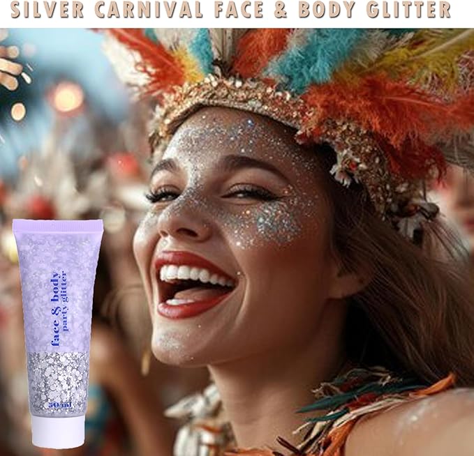 Silver Face Glitter Gel, Mardi Gras Out for Women,Cheer Body Glitter,Carnival Rave Accessories,Music Festival Singer Concerts Shimmer Holographic Sequins Glitter Paint Makeup,50ML