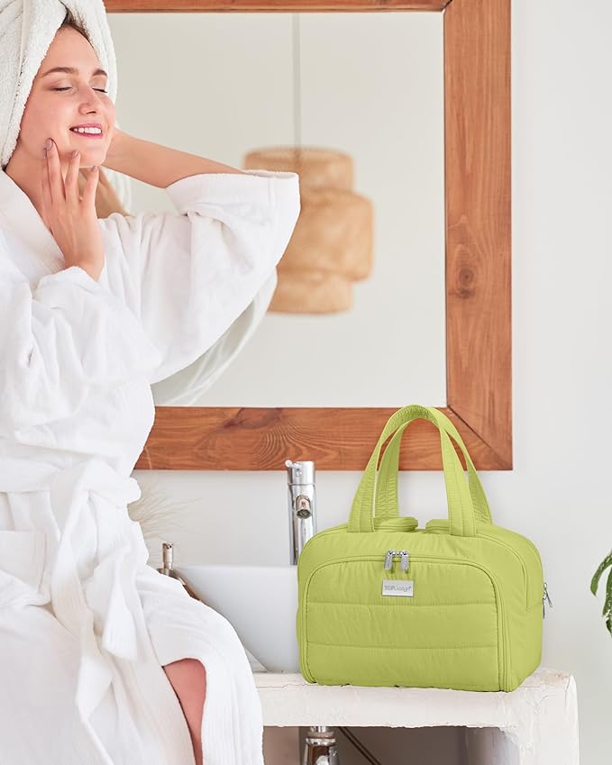 TOPDesign Travel Toiletry Bag for Women, Puffer Large Toiletry Bag, Lightweight Cosmetic Makeup Organizer with Handle for Traveling, Accessories, Essentials, Toiletries (Light Green)
