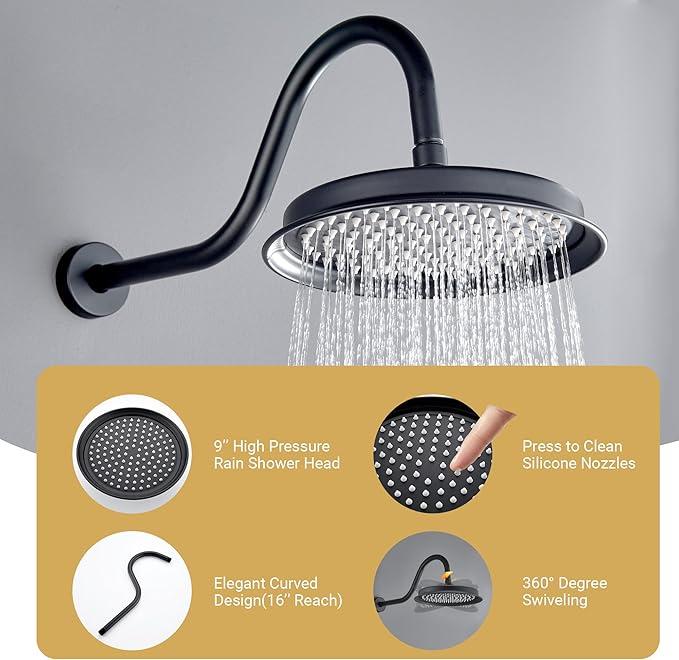 DASAN Matte Black Rain Shower System Antique Shower Faucet Complete Sets, Matte Black Shower Fixtures Combo with Pressure Balance Valve, Trim Kit, 9’’ Rainfall Overhead Shower & Handheld, AT209W-MB