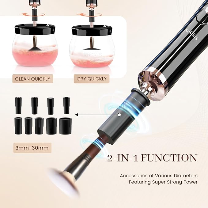RICRIS Electric Makeup Brush Cleaner and Dryer Machine - Super Fast Clean and Dry Make Up Brushes - Automatic Cosmetic Brush Spinner Washer Tools