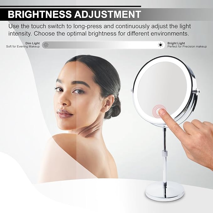 DANOPLUS Makeup Mirror with Lights, 9" Large Magnifying Mirror with 1X/10X, 360°Rotation Vanity Mirror, 3 Color Brightness Adjustable Light Up 5000mAh Rechargeable, Double-Sided, Gift for Women
