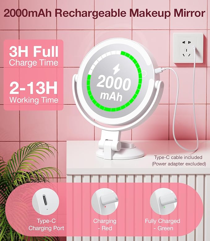 Benbilry Suction Cup Magnifying Mirror with Light 10X, Wall Mounted Makeup Mirror with Suction Cup for Bathroom, 3 Color Lights and Adjustable Brightness, 2 in 1 Tabletop for Desk - White
