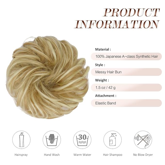 FESHFEN Messy Bun Hair Piece - Wavy Synthetic Chignon Scrunchies for Instant Volume, Elastic Bun Ponytail Hair Extensions Thick Hairpieces for Women, Lightest Ash Brown & Bleach Blonde 1.50 oz