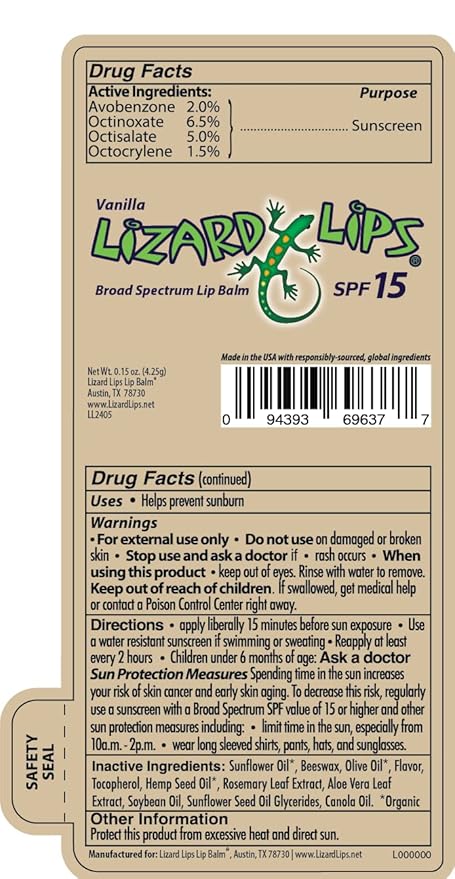 Lizard Lips SPF 15 Lip Balm (Vanilla)