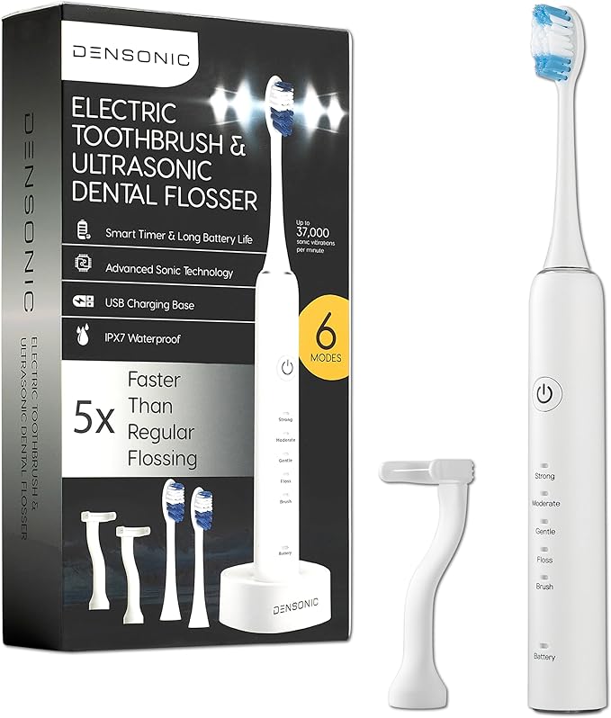 DENSONIC Electric Toothbrush and Flosser Combo Kit | Deep Clean Rechargeable Toothbrush | Easy Gliding Dental Floss for Gentle Gum Care | Cordless Sonic Power | 6 Cleaning Modes | White