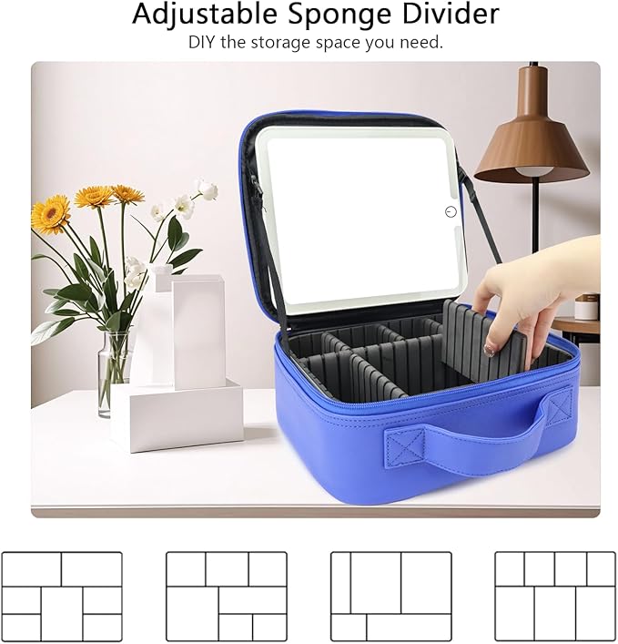 SLUMAZI Travel Makeup Bag with LED Mirror Travel Makeup Organizer with 3 Lighted Settings, Adjustable Dividers and Makeup Brush Storage Bag Dark Blue
