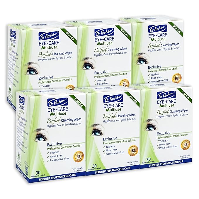 Dr. Fischer Eye Wipes - Hypoallergenic Eyelid Wipes for Everyday Eye Cleansing and Gentle Makeup Remover. (6 packs of 30 wipes each)