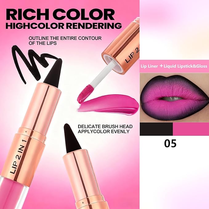 Pink Lip Liner and Liquid Lipstick Set,Lip Kit with Lip Liner and Gloss, lip combo sets for black women, 2-in-1 High Pigmented Professional Matte Long Lasting Lipstick Waterproof Lip Combo Makeup (#5)