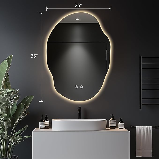 LED Bathroom Mirror with Lights,25x35 in Asymmetrical Led Bathroom Mirror for Wall, Backlit Mirror with Anti-Fog,3 Colors and Dimmable Light,[Horizontal/Vertical]