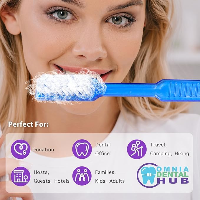 Omnia Disposable Pre-Pasted Toothbrushes | 100 Pcs Individually Wrapped Pre Pasted Toothbrush | Single Use Waterless Tooth Brush for Hotel, Camping, Homeless Gift | Multi Color