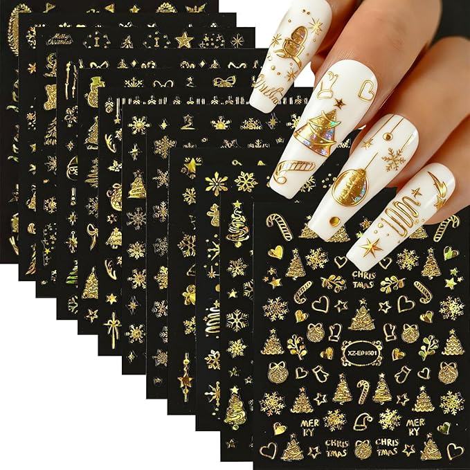 12 Sheets Christmas Nail Art Stickers Holographic Christmas Nail Stickers Gold Xmas Tree Candy Bow Snowflake Elk Nail Decals 3D Self Adhesive Nail Art Supplies for Women Girls
