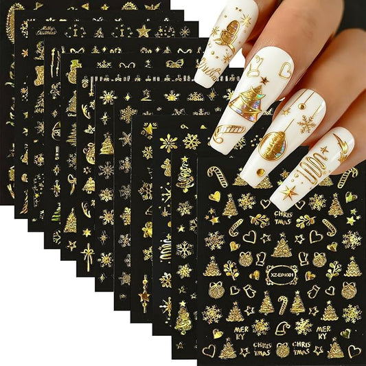 12 Sheets Christmas Nail Art Stickers Holographic Christmas Nail Stickers Gold Xmas Tree Candy Bow Snowflake Elk Nail Decals 3D Self Adhesive Nail Art Supplies for Women Girls