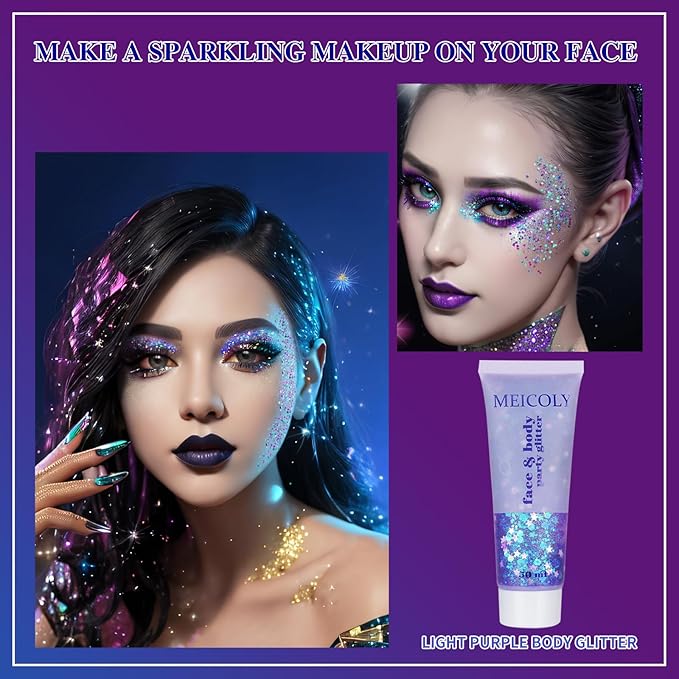 MEICOLY Light Purple Hair Glitter,Holographic Chameleon Purple Mermaid Face Glitter,Self-Adhesive Glitter Face Paint,Mardi Gras Outfit for Women,Rave Glitter Makeup Sparkle Chunky for Festival