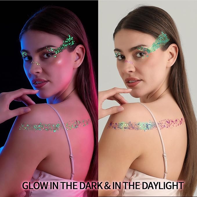 FANDAMEI 40 Colors Face Glitter, 18 Colors Glow in The Dark Glitter&22 Colors Vibrant in Daylight, Body Glitter Hair Glitter Face Glitter for Kids Women for Halloween Rave Festival Party Makeup