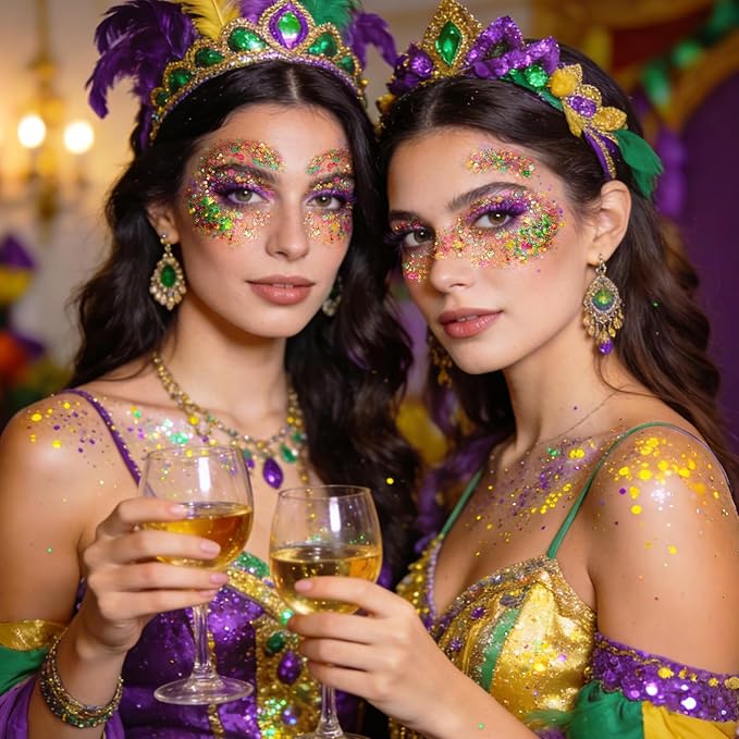 DAGEDA Mardi Gras Gold Body Glitter Stick, Sparkly Face Glitter Makeup, Shimmer Face Paint Stick for Mardi Gras Accessories, Holographic Gold Purple Green Glitters Carnival Outfits for Women