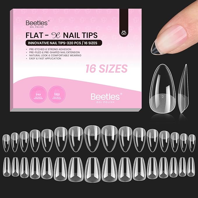 Beetles Gel Nail Tips Flat-X - Almond Coffin Short, 320pcs 16 Sizes, Pre-Etched Half Matte Full Cover Soft Acrylic Press on Easy DIY False Nail Extension Salon for Flat & Natural Nail Beds