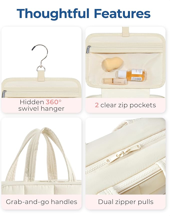 BAGSMART Travel Toiletry Bag with Jewelry Organizer, Hanging Travel Bag for Toiletries, Puffy Makeup Cosmetic Bag Organizer, Carry-on Travel Accessories Essentials, Camel-L