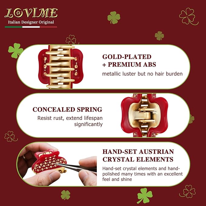 18K Gold Plated Small Claw Clips - 1.7 Inch Cute Rhinestone Hair Clips for Women Girls Thick Thin Hair, Premium French Hair Accessories for Half-Up, Birthday Valentine's Gift for Her, Red