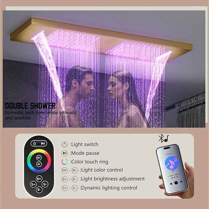 35.5X12 Inch Ceiling LED Music Dual Rain Shower Head Fit 2 Person Bathroom, Smart Large Luxury Thermostatic Rainfall Shower System Fixtures Set (Brushed Gold, Shower System With Body Jets)