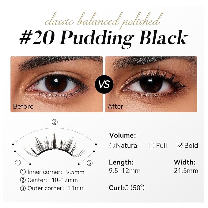 WOSADO Soft Magnetic Eyelashes [No.20 Pudding Black] 21.5mm with Applicator Kit, Reusable Glue-free Wispy Magnetic Lashes, Cruelty-free False Lashes, Waterproof, Lightweight, Suit for Heavy Makeup