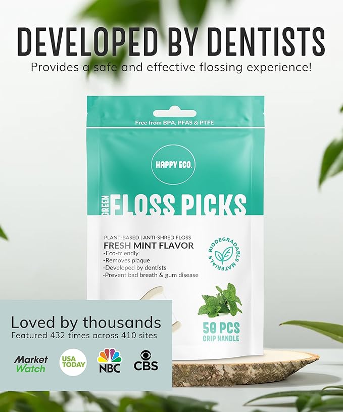 Dental Floss Picks (200pcs) - Flossers for Adults, Vegan Corn-Straw Grip Handle, Superior Oral Care & Anti-Shred Thread, Dental Hygiene, Tooth Pick Sticks, Teeth & Gum Health (Mint, Single Thread)