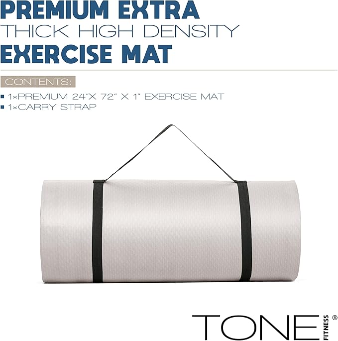 Tone Fitness 1-Inch Thick Yoga Mat | High-Density, Non-slip Exercise Mat with Carrying Strap for Yoga, Pilates, & Home Gym Workouts | Multiple Options
