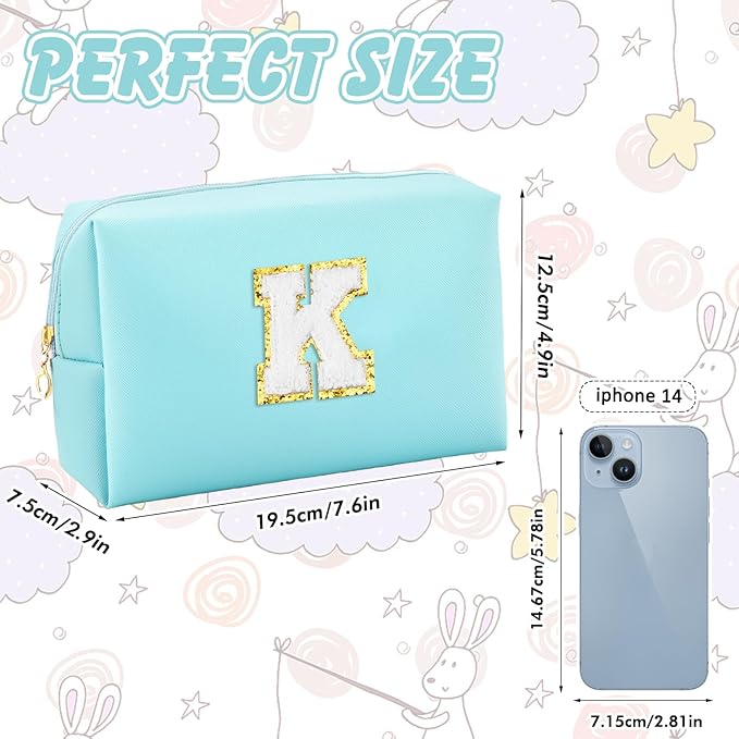 URSKYTOUS Gifts for Girls Initial Makeup Bag Personalized Cosmetic Bag with Zipper Cute Travel Toiletry Bag Waterproof PU Preppy Makeup Pouch Birthday Gift for Teen Girls Women(Blue K)