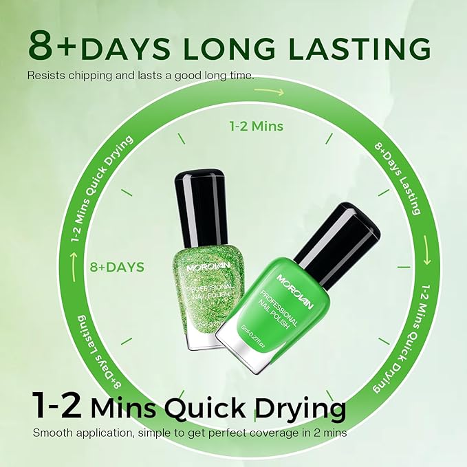 Morovan Green Nail Polish Set: Glitter Emerald Dark Green Spring Summer Fingernail Polish Kit Neon Lime Flash Air Quick-Dry Nail Polish Pack for Nail Art Manicure Gift Holiday Party for Women Girls