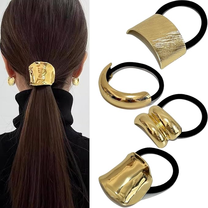 4PCS Golden Metal Hair Ties – No Damage Thick Band, High Elasticity, Durable, Stylish Golden Geometric Ponytail Holders Hair Accessories for Women
