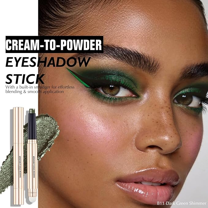 Dark Green Eyeshadow Stick - Dual-Ended Long-Lasting Shimmer Cream Eye Shadow for Older Women Crease-Proof Smoky Metallic Eyeshadow Pencil, Multi-Use Eye Highlighter Makeup with Built-in Smudger