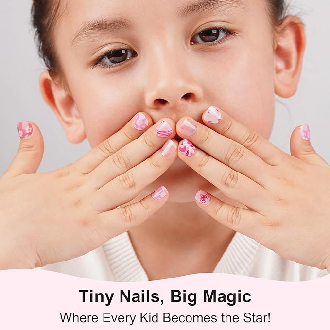 DANNI & TONI Kids Gel Nail Strips Heart Smiling Face Stars Flowers Salon-Quality Peel & Stick Manicure for Children (Age 6+)– Safe, Long-Lasting, Easy to Apply |Heart Glitz
