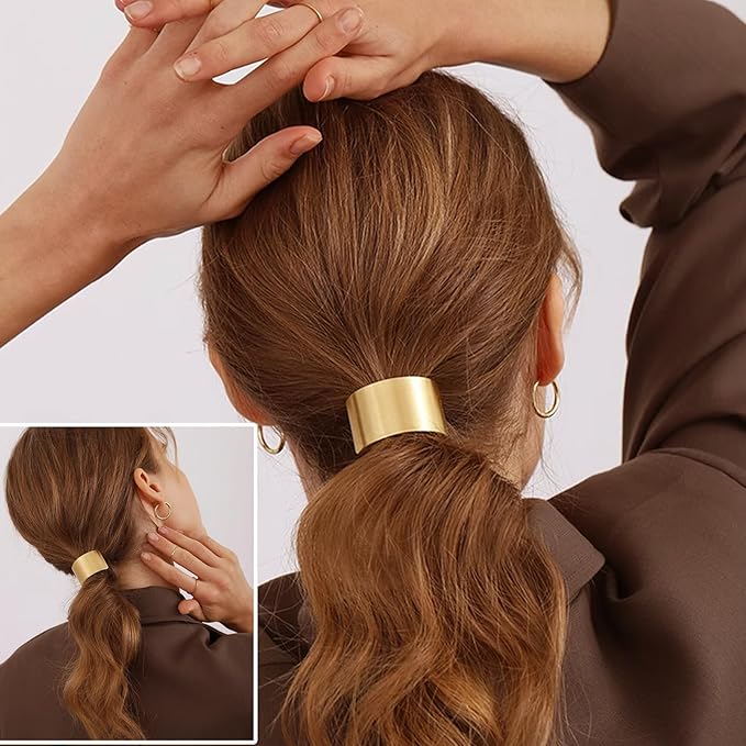 4PCS Golden Metal Hair Ties – No Damage Thick Band, High Elasticity, Durable, Stylish Golden Geometric Ponytail Holders Hair Accessories for Women