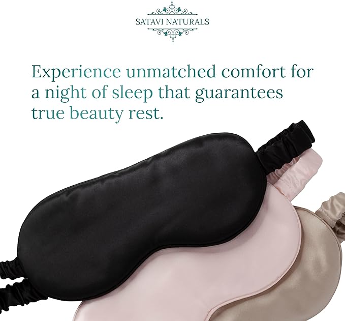 Satavi Naturals Mulberry Soft Silk Eye Mask for Sleeping with Ear Plugs & Luxury Bag - Cooling Night Eye Covers Sleep Face Mask for Women - Blindfold Travel Eye Mask Blocking Out Light - Black