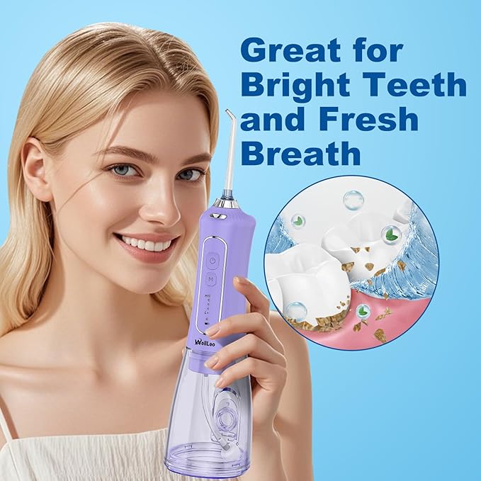 WellLeo Water Flosser for Teeth, 300ML Cordless Oral Irrigator Rechargeable Dental Flosser Picks with 5 Modes 5 Jet Tips,IPX7 Waterproof Teeth Cleaner for Braces Gum Care, Home Travel Use