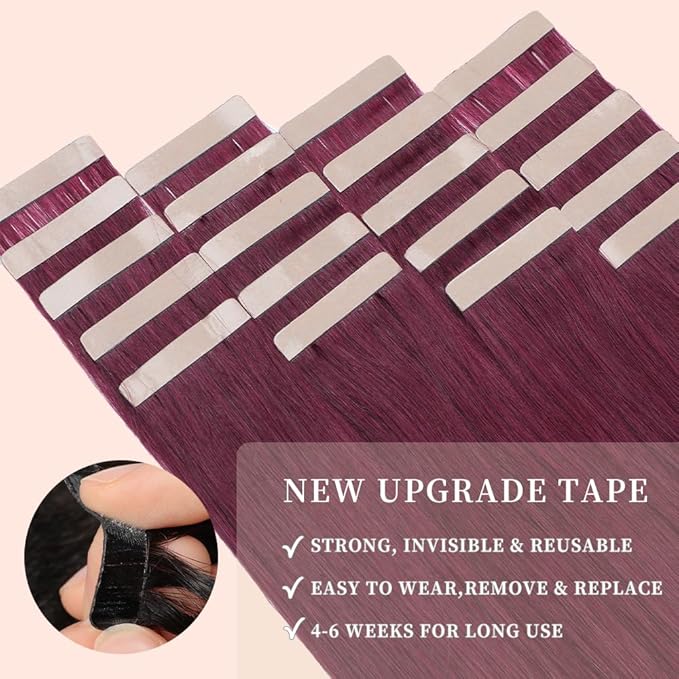 Tape in Hair Extensions Real Human Hair 24 Inch Burgundy Double Sided Tape for Skin Weft Hair Extension Invisible Tape in Hair Extensions Straight Remy Human Hair for Women 20pcs (99J#,24 Inch)