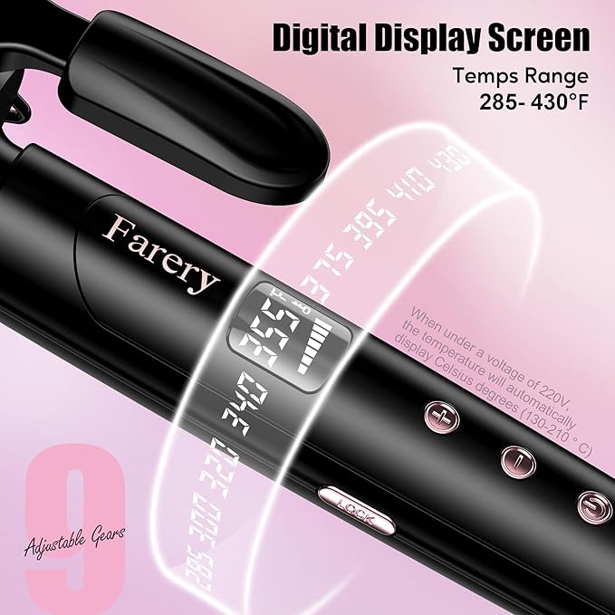 Farery 2 inch Curling Iron For Long Hair, Lightweight Large Barrel Curling Iron 2 Inch, Ceramic Curling Wand Infused Argan Oil & Keratin for Bouncy Big Curls, 9 Temps Digital Display & Lock Key, Glove