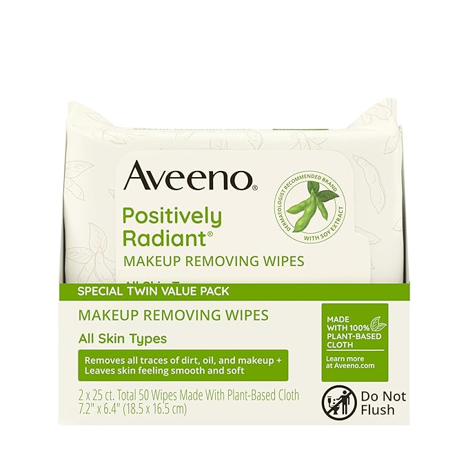 Aveeno Positively Radiant Alcohol Free Makeup Removing Face Wipes, Ultra Soft, Gentle, Non-Comedogenic Facial Cleansing Towelettes Leave Skin Clean & Soft, Sulfate Free, Twin Pack, 2x25 ct
