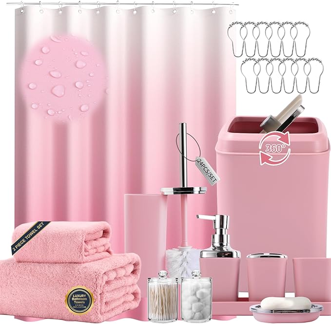 XLHOMO Pink Bathroom Accessories, 24 Pieces Pink Bathroom Accessories Set with Shower Curtain, Bath Towels, Trash Can, Soap Dispenser and Soap Dish for Bathroom/Housewarming