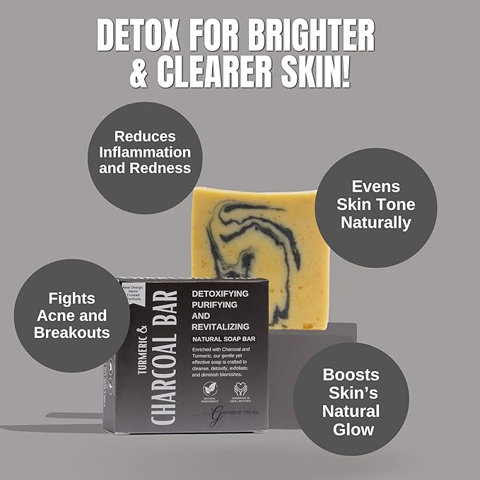 Turmeric Charcoal Bar – Natural Face & Body Soap for Acne, Dark Spots & Detox | Even Skin Tone | Deep Cleansing | Handmade, Organic, Vegan with Activated Charcoal & Turmeric (1)