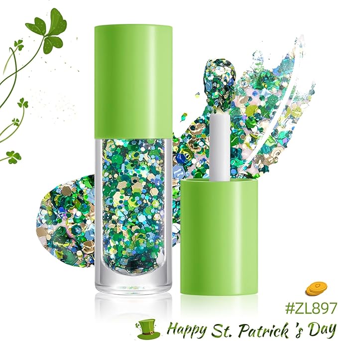 St. Patrick‘s Day Body Glitter Duo with Brush - Bold Deep Green & Bright Pastel Mix Chunky Glitter, 2-Pack for Face, Body & Hair | Long Lasting Festival Makeup