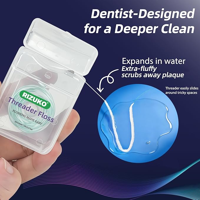 Threader Floss,2-in-1 Dental Floss for Braces, Bridges & Implants,Easy Threading Design,260 Count PTFE & PFAS Free Sponge Floss for Deep Cleaning (65 Count(Pack of 4), Light Mint)