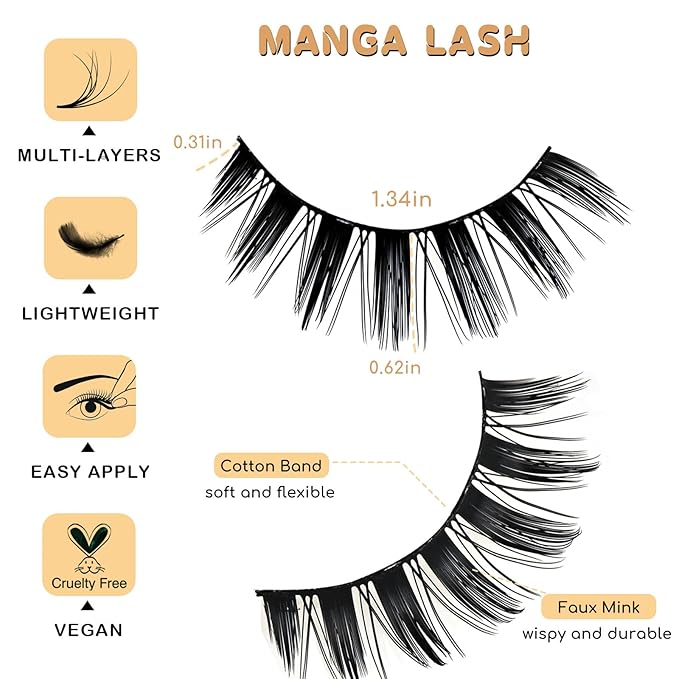 Manga Lashes Wispy Spiky Anime Eyelashes 14 Pairs Doll-Eye Wet Look Cat-Eye Strip Lashes Faux Mink Manhua Eyelash Manga Look Reusable Manhwa False Eyelashes for Beginners