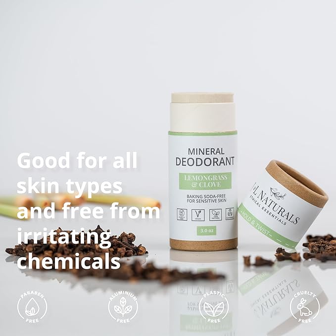 J&L Naturals Mineral Deodorant | Baking Soda-Free, 100% Natural, Sustainable Skin Care | Sensitive Deodorant For Women & Men | Aluminum Free, Vegan, Cruelty-Free (Lemongrass & Clove, 3 Oz (Pack of 1))
