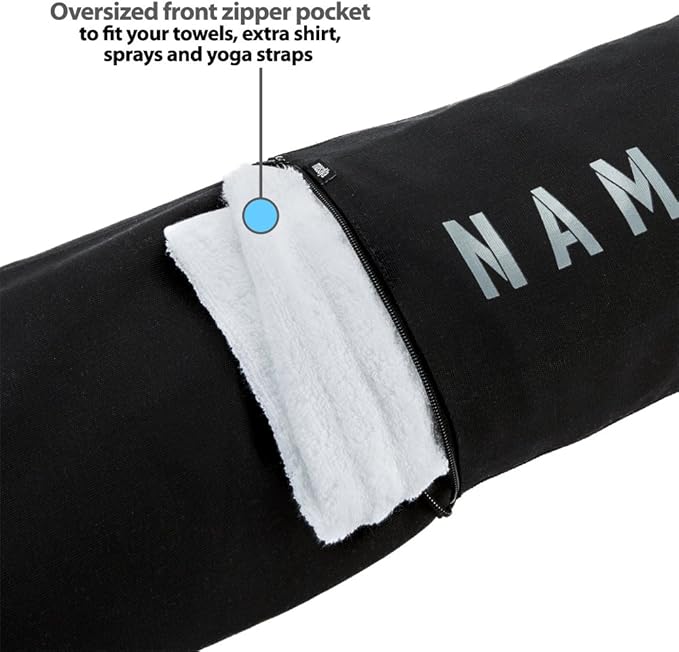 Masaya Namaste Large Yoga Mat Bag - Fits Exercise Mats, Drawstring Carrier for Men Women, Long Breathable Canvas Sling, Deep Front Pocket Zipper, Secret Storage, Adjustable Shoulder Strap