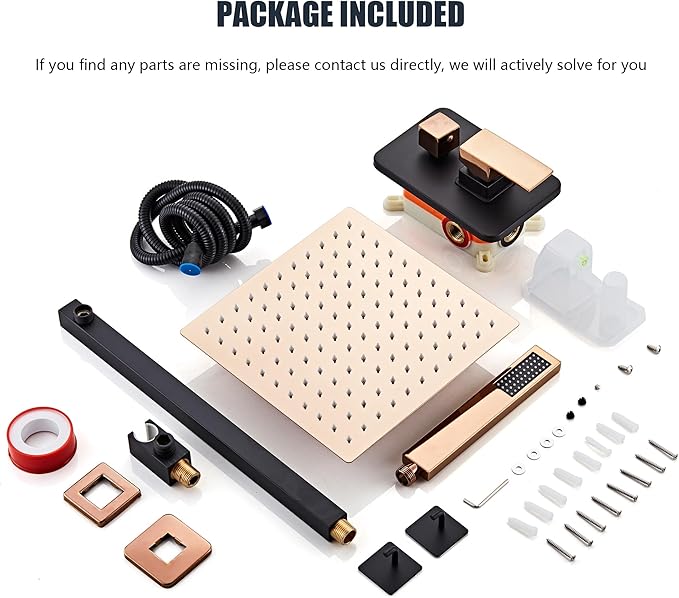 LCEVCGK Shower Faucet Set, Matte Black and Rose Gold Rainfall Shower System Complete Wall Mounted for Bathroom with 10 Inch Square Shower Head and Handheld Shower Head Rain Mixer Combo Set