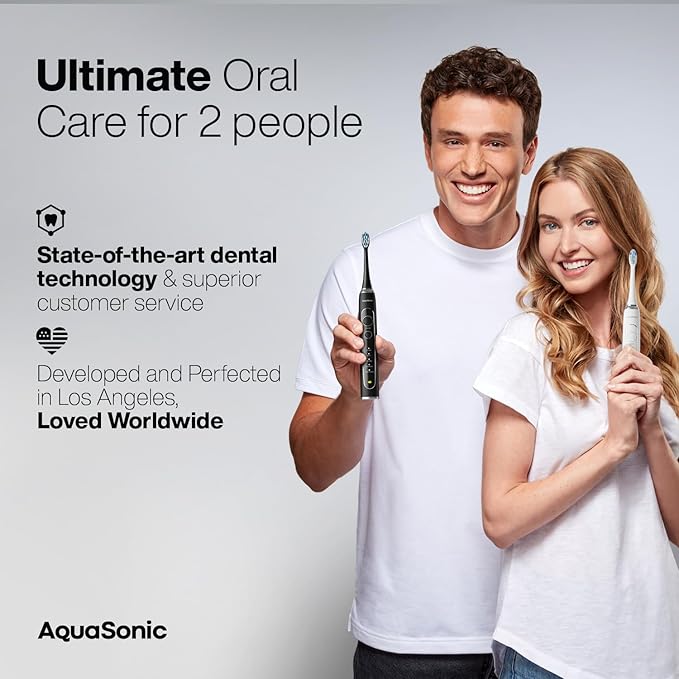 Aquasonic Duo Series PRO UV - ADA Accepted Electric Toothbrushes with UV Sanitizer - Inductive Charging Base - 5 Modes with Smart Timers - 10 Proflex Brush Heads & 2 Travel Cases (Pack of 2)