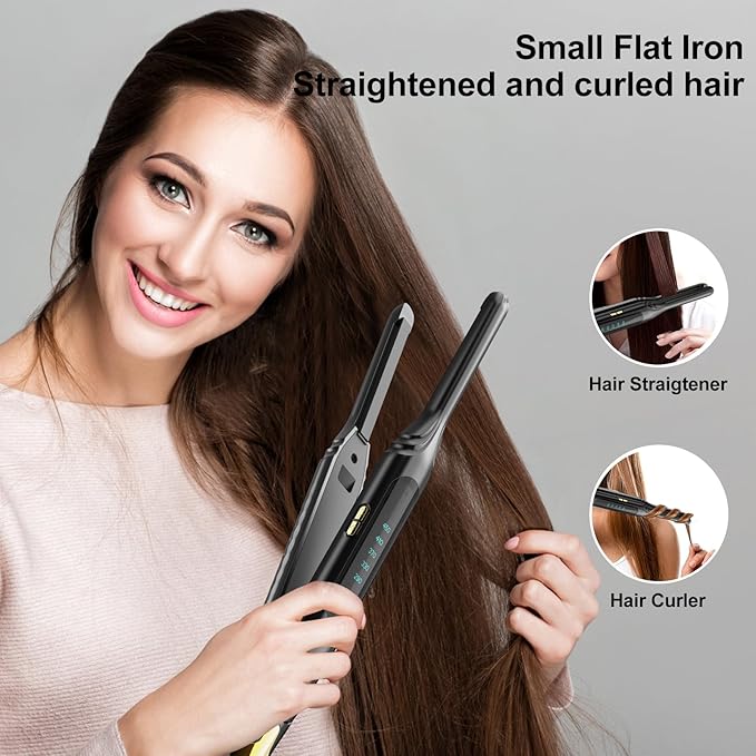 Pencil Flat Iron 3/10'' Small Flat Irons for Short Hair,Pixie Cut & Bangs,Hair Straightener for Edge with LED Display,Travel Mini Hair Straightener with Dual Voltage,Auto Shut Off（Black）
